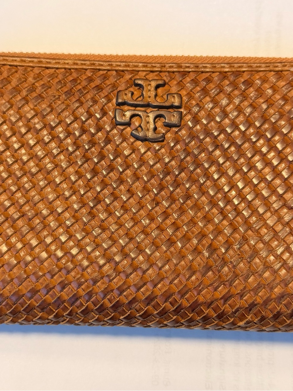 Tory Burch Woven Leather Zip Wallet in Cognac